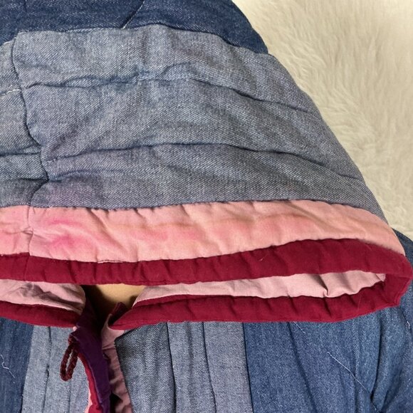 Vintage 80s 90s Denim Hooded Sun Embroidered Patchwork Denim Quilted Jacket L - Picture 4 of 12